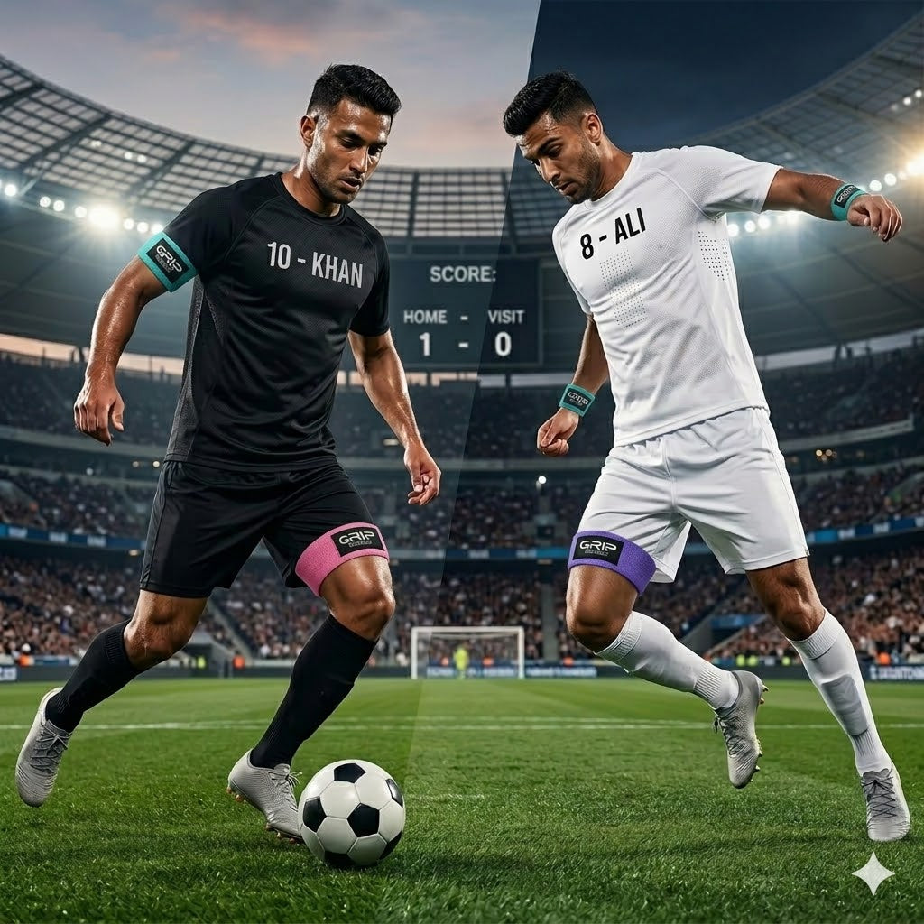 men wearing fitness clothing and athletic wear playing football in a stadium