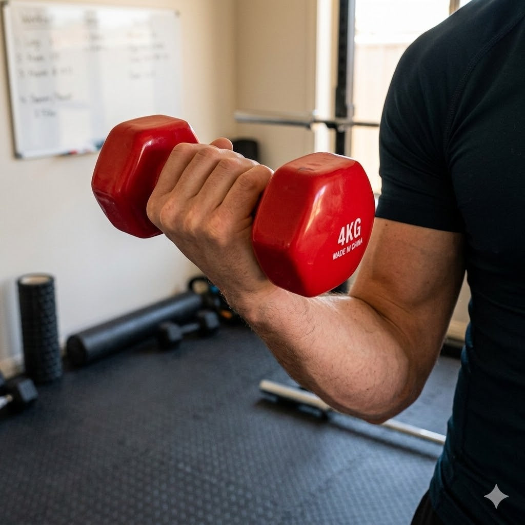 a person doing a bicep curl with a red dumbbell labeled “4KG.” The focus is on the arm and hand gripping the weight, with the elbow bent as the dumbbell is lifted upward